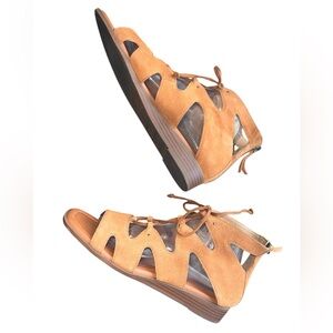 Tan Geometric Cutout Leather Sandals with Laces